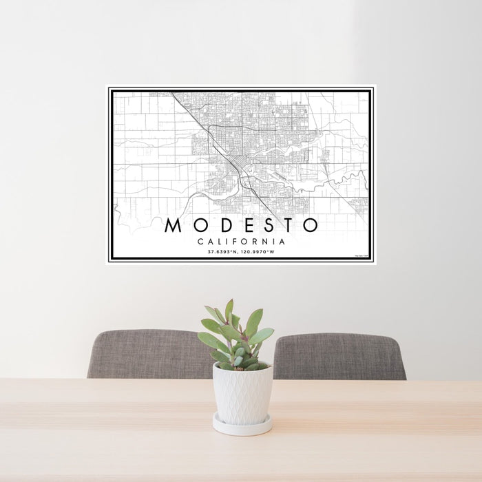 24x36 Modesto California Map Print Landscape Orientation in Classic Style Behind 2 Chairs Table and Potted Plant