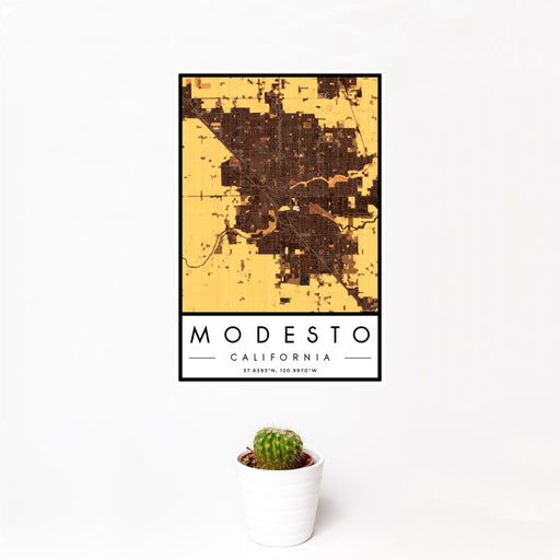12x18 Modesto California Map Print Portrait Orientation in Ember Style With Small Cactus Plant in White Planter
