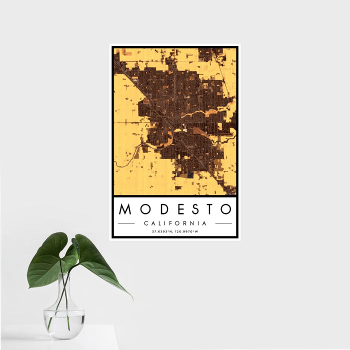 16x24 Modesto California Map Print Portrait Orientation in Ember Style With Tropical Plant Leaves in Water