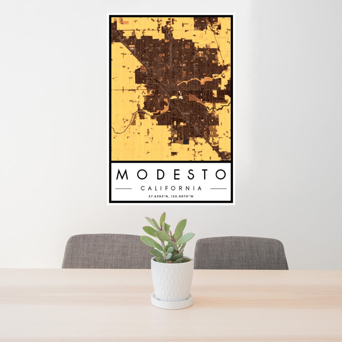24x36 Modesto California Map Print Portrait Orientation in Ember Style Behind 2 Chairs Table and Potted Plant