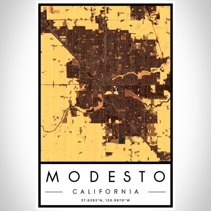Modesto California Map Print Portrait Orientation in Ember Style With Shaded Background