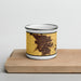 Front View Custom Modesto California Map Enamel Mug in Ember on Cutting Board
