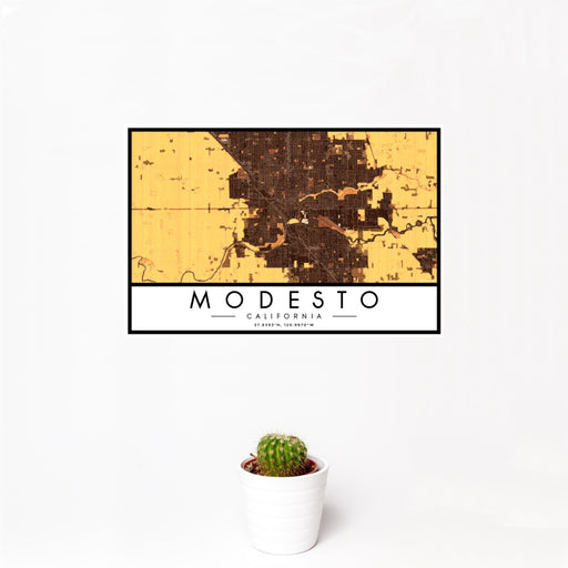 12x18 Modesto California Map Print Landscape Orientation in Ember Style With Small Cactus Plant in White Planter