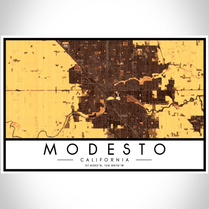 Modesto California Map Print Landscape Orientation in Ember Style With Shaded Background