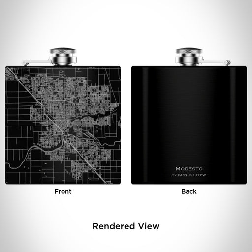 Rendered View of Modesto California Map Engraving on 6oz Stainless Steel Flask in Black