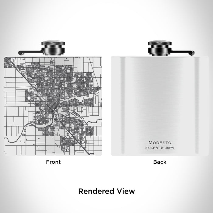 Rendered View of Modesto California Map Engraving on 6oz Stainless Steel Flask in White