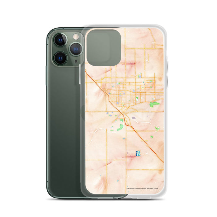Custom Modesto California Map Phone Case in Watercolor on Table with Laptop and Plant