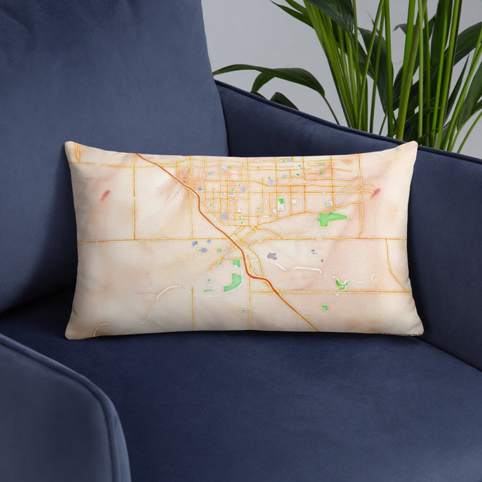 Custom Modesto California Map Throw Pillow in Watercolor on Blue Colored Chair