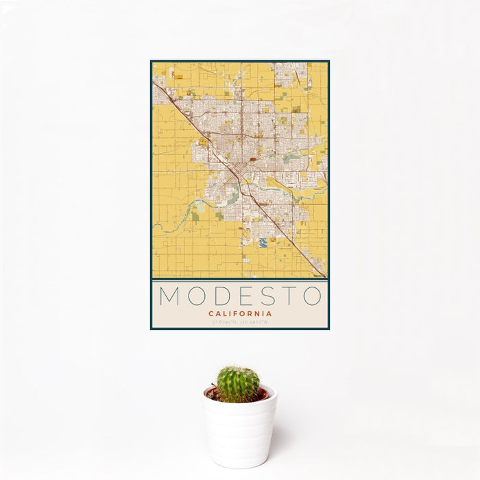 12x18 Modesto California Map Print Portrait Orientation in Woodblock Style With Small Cactus Plant in White Planter