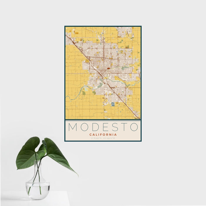 16x24 Modesto California Map Print Portrait Orientation in Woodblock Style With Tropical Plant Leaves in Water