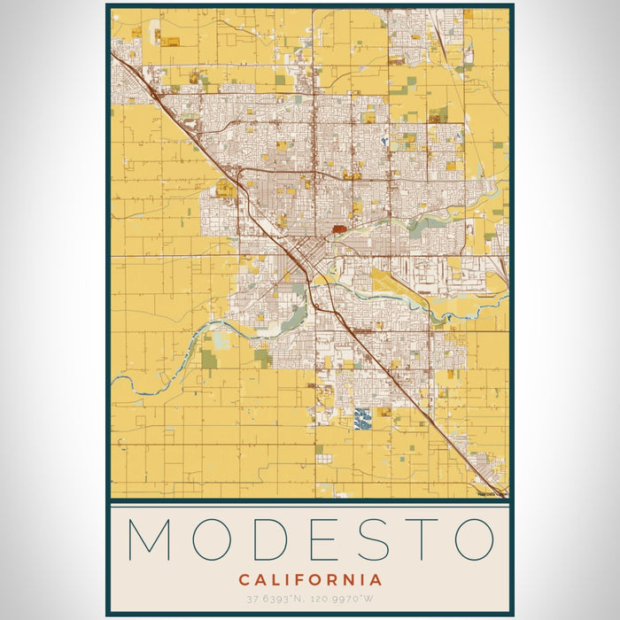 Modesto California Map Print Portrait Orientation in Woodblock Style With Shaded Background