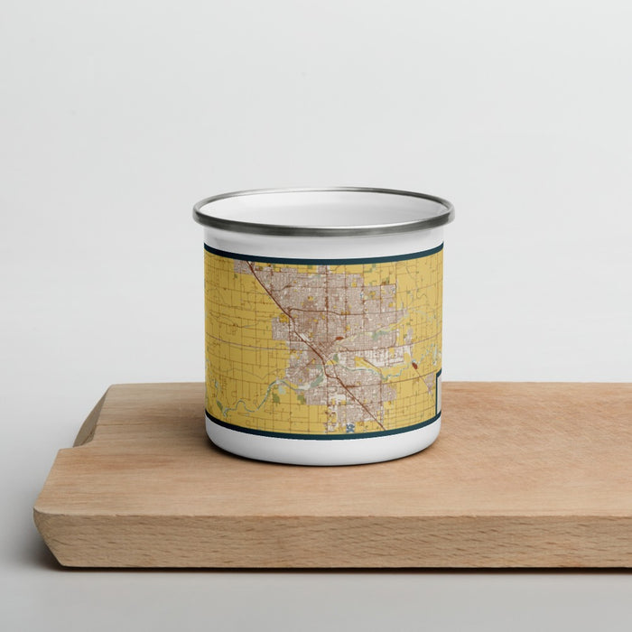 Front View Custom Modesto California Map Enamel Mug in Woodblock on Cutting Board