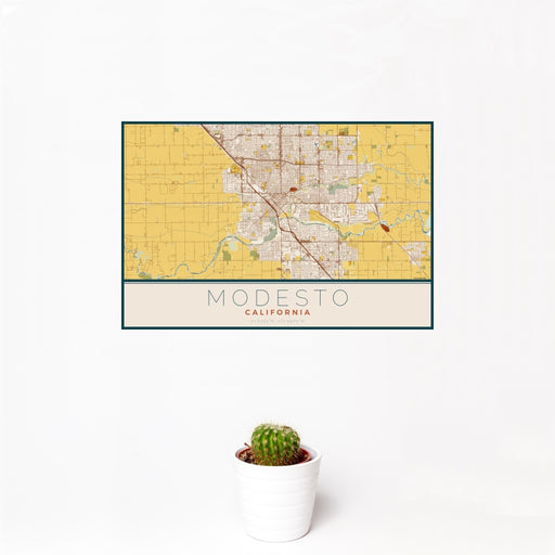 12x18 Modesto California Map Print Landscape Orientation in Woodblock Style With Small Cactus Plant in White Planter