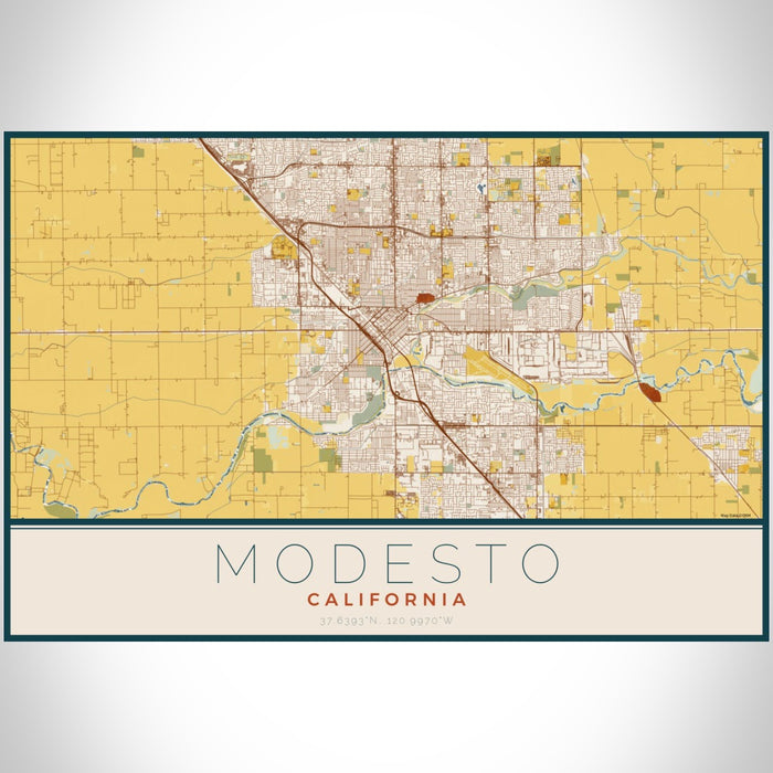 Modesto California Map Print Landscape Orientation in Woodblock Style With Shaded Background