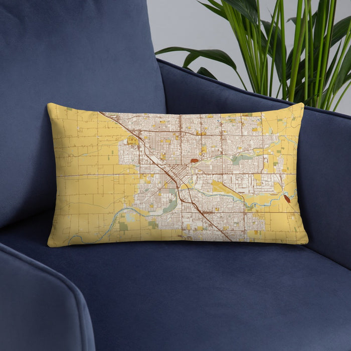 Custom Modesto California Map Throw Pillow in Woodblock on Blue Colored Chair