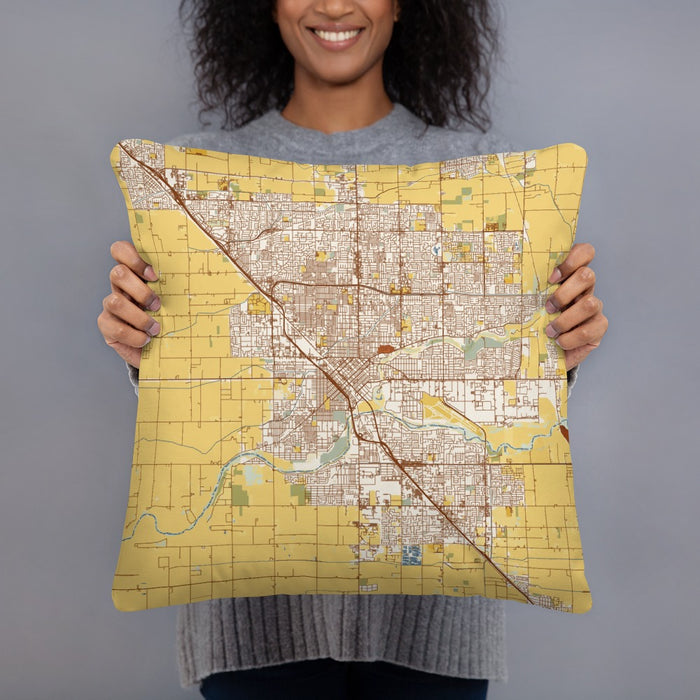 Person holding 18x18 Custom Modesto California Map Throw Pillow in Woodblock