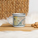 Left View Custom Moline Illinois Map Enamel Mug in Woodblock on Table Top