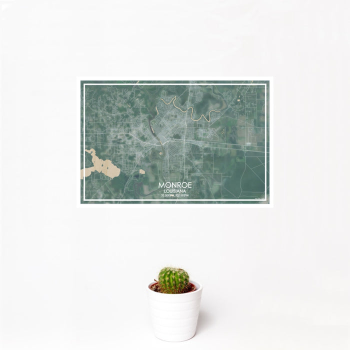 12x18 Monroe Louisiana Map Print Landscape Orientation in Afternoon Style With Small Cactus Plant in White Planter
