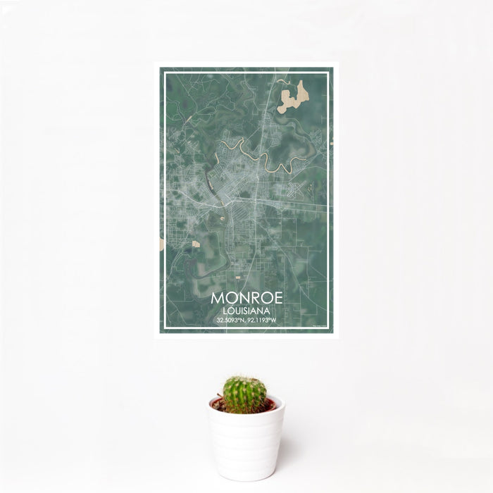 12x18 Monroe Louisiana Map Print Portrait Orientation in Afternoon Style With Small Cactus Plant in White Planter
