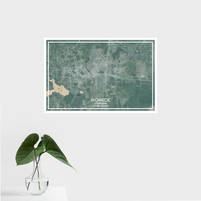 16x24 Monroe Louisiana Map Print Landscape Orientation in Afternoon Style With Tropical Plant Leaves in Water