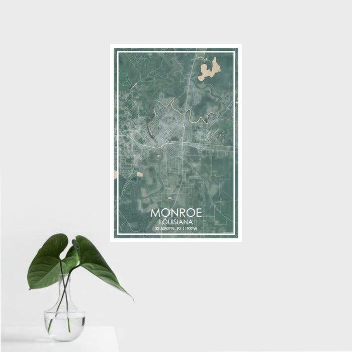 16x24 Monroe Louisiana Map Print Portrait Orientation in Afternoon Style With Tropical Plant Leaves in Water