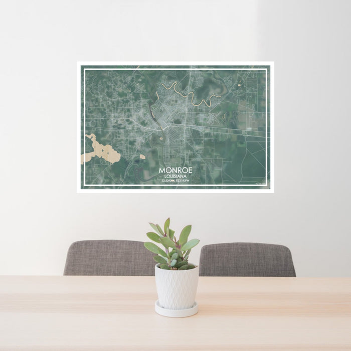 24x36 Monroe Louisiana Map Print Lanscape Orientation in Afternoon Style Behind 2 Chairs Table and Potted Plant