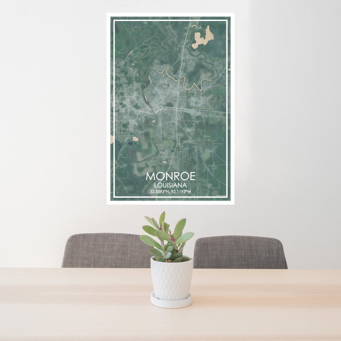 24x36 Monroe Louisiana Map Print Portrait Orientation in Afternoon Style Behind 2 Chairs Table and Potted Plant