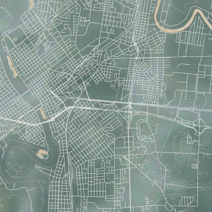 Monroe Louisiana Map Print in Afternoon Style Zoomed In Close Up Showing Details