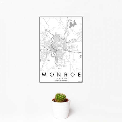 12x18 Monroe Louisiana Map Print Portrait Orientation in Classic Style With Small Cactus Plant in White Planter