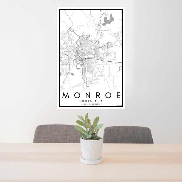 24x36 Monroe Louisiana Map Print Portrait Orientation in Classic Style Behind 2 Chairs Table and Potted Plant