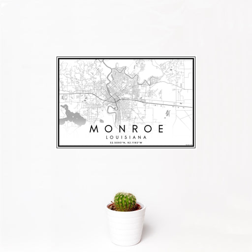 12x18 Monroe Louisiana Map Print Landscape Orientation in Classic Style With Small Cactus Plant in White Planter