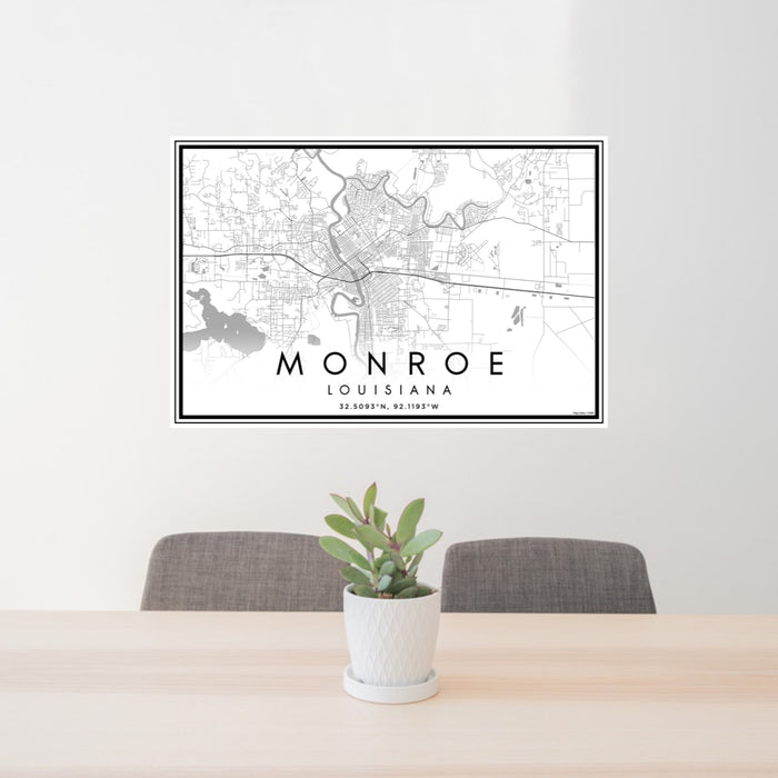 24x36 Monroe Louisiana Map Print Landscape Orientation in Classic Style Behind 2 Chairs Table and Potted Plant