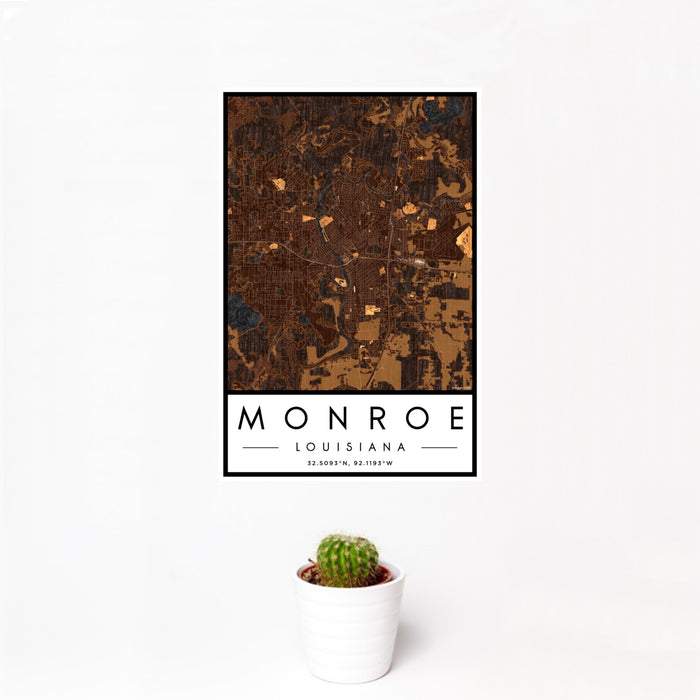 12x18 Monroe Louisiana Map Print Portrait Orientation in Ember Style With Small Cactus Plant in White Planter