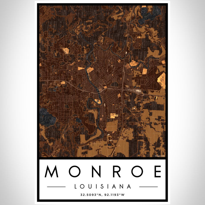 Monroe Louisiana Map Print Portrait Orientation in Ember Style With Shaded Background