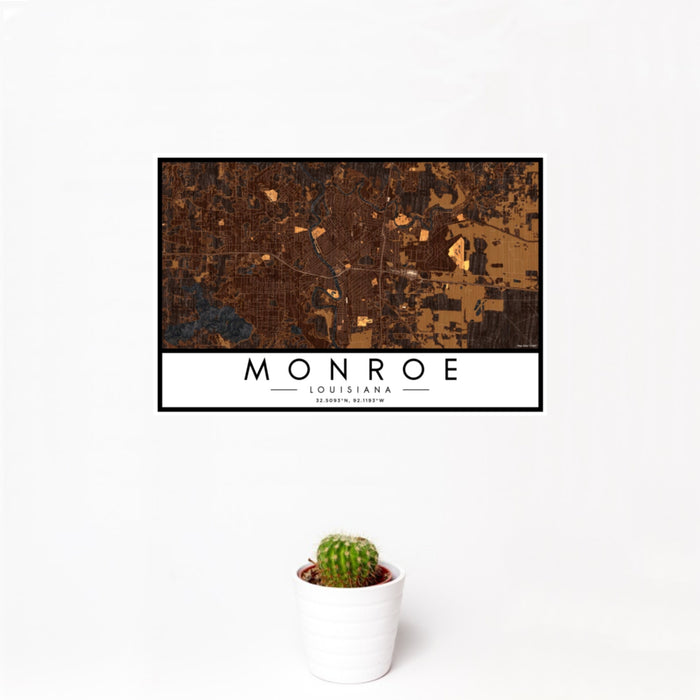 12x18 Monroe Louisiana Map Print Landscape Orientation in Ember Style With Small Cactus Plant in White Planter
