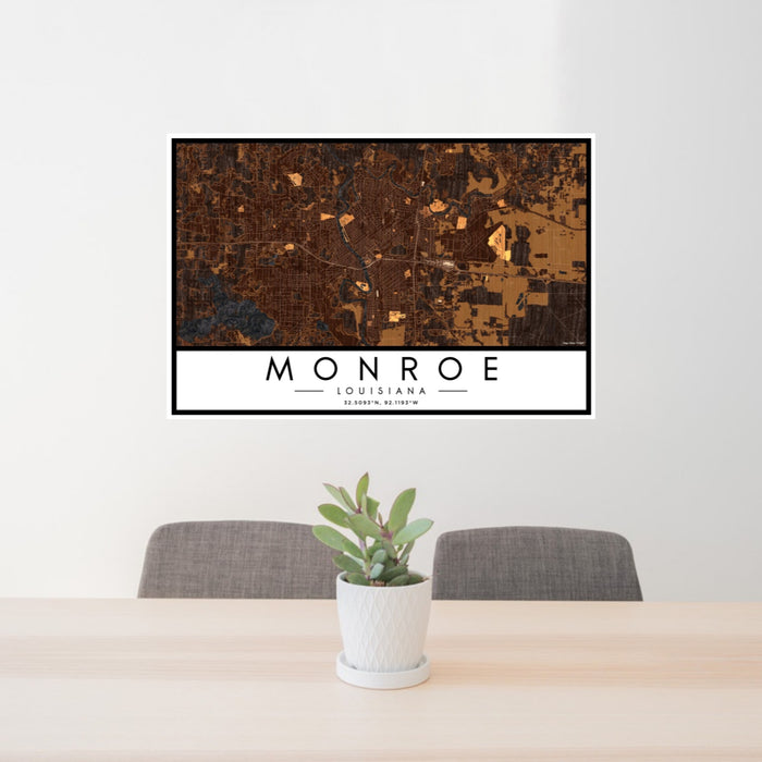 24x36 Monroe Louisiana Map Print Landscape Orientation in Ember Style Behind 2 Chairs Table and Potted Plant