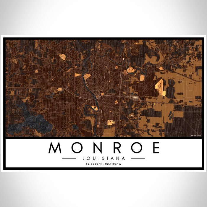 Monroe Louisiana Map Print Landscape Orientation in Ember Style With Shaded Background