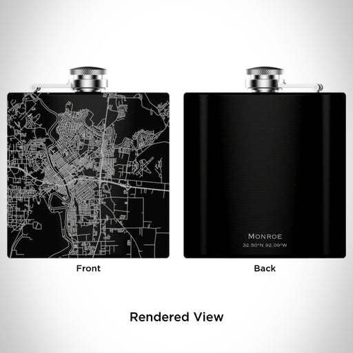 Rendered View of Monroe Louisiana Map Engraving on 6oz Stainless Steel Flask in Black