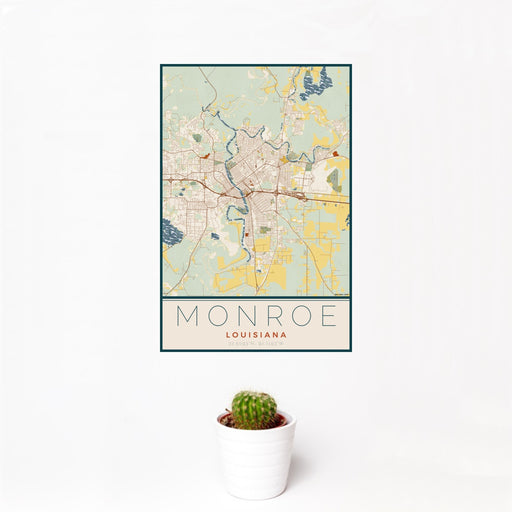 12x18 Monroe Louisiana Map Print Portrait Orientation in Woodblock Style With Small Cactus Plant in White Planter