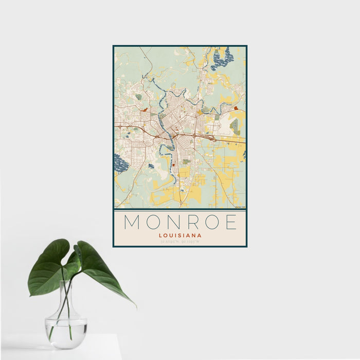 16x24 Monroe Louisiana Map Print Portrait Orientation in Woodblock Style With Tropical Plant Leaves in Water