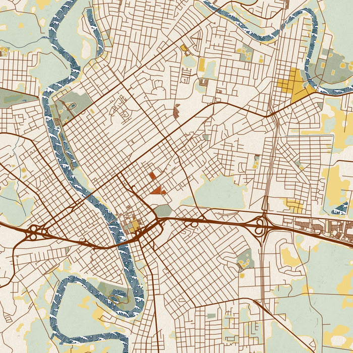 Monroe Louisiana Map Print in Woodblock Style Zoomed In Close Up Showing Details