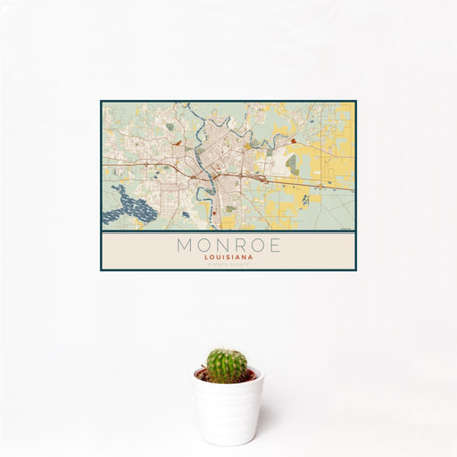 12x18 Monroe Louisiana Map Print Landscape Orientation in Woodblock Style With Small Cactus Plant in White Planter