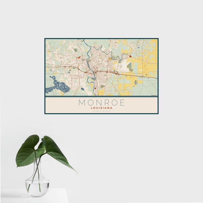 16x24 Monroe Louisiana Map Print Landscape Orientation in Woodblock Style With Tropical Plant Leaves in Water