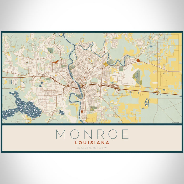 Monroe Louisiana Map Print Landscape Orientation in Woodblock Style With Shaded Background