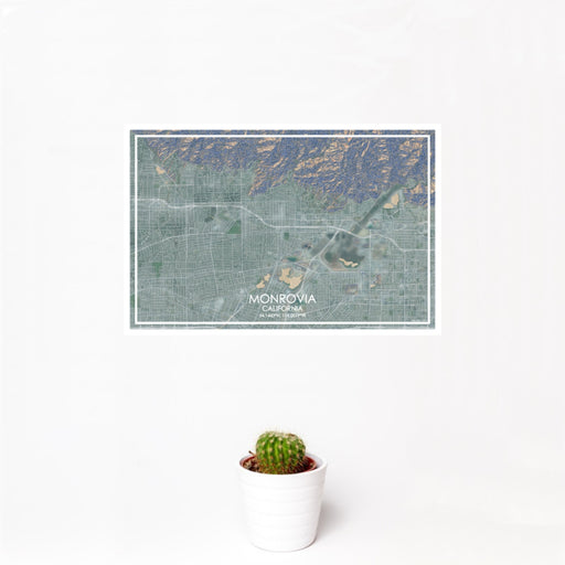 12x18 Monrovia California Map Print Landscape Orientation in Afternoon Style With Small Cactus Plant in White Planter