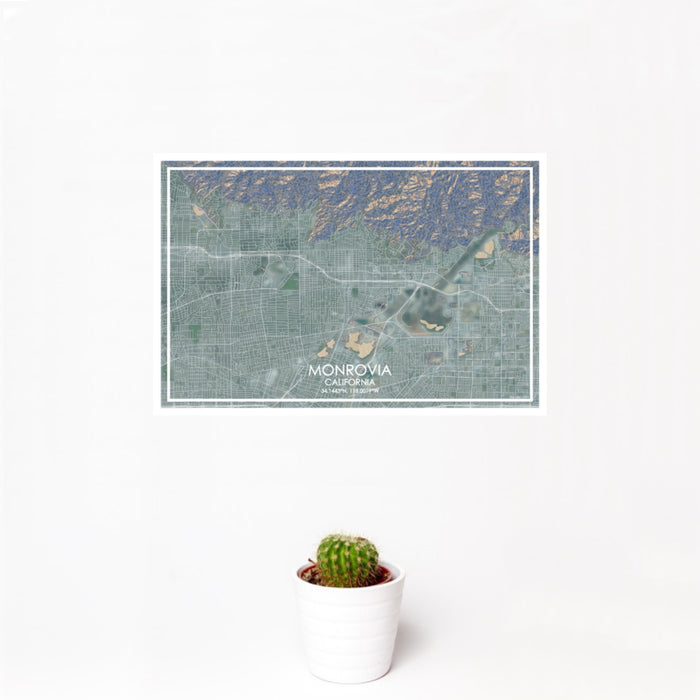 12x18 Monrovia California Map Print Landscape Orientation in Afternoon Style With Small Cactus Plant in White Planter