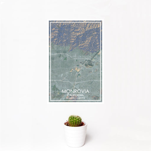 12x18 Monrovia California Map Print Portrait Orientation in Afternoon Style With Small Cactus Plant in White Planter