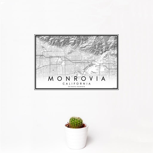 12x18 Monrovia California Map Print Landscape Orientation in Classic Style With Small Cactus Plant in White Planter