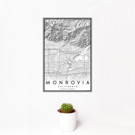 12x18 Monrovia California Map Print Portrait Orientation in Classic Style With Small Cactus Plant in White Planter