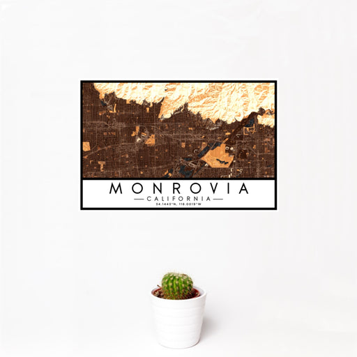 12x18 Monrovia California Map Print Landscape Orientation in Ember Style With Small Cactus Plant in White Planter